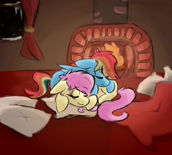 Size: 2000x1800 | Tagged: safe, artist:antimationyt, artist:bluestarsburst, fluttershy, rainbow dash, pegasus, pony, g4, atg 2020, blanket, cozy, eyes closed, female, fireplace, floppy ears, folded wings, indoors, lesbian, mare, newbie artist training grounds, pillow, pony pile, prone, ship:flutterdash, shipping, sleeping, sleeping together, smiling, wings, winter