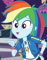 Size: 724x925 | Tagged: safe, screencap, rainbow dash, dashing through the mall, equestria girls, equestria girls series, g4, holidays unwrapped, spoiler:eqg series (season 2), canterlot mall, clothes, cloud, cropped, cute, dashabetes, female, geode of super speed, hand on hip, hoodie, jewelry, looking down, magical geodes, multicolored hair, necklace, pants, pockets, pointing, rainbow, rainbow hair, shirt, short sleeves, smiling, store, t-shirt, talking, thunderbolt, wristband