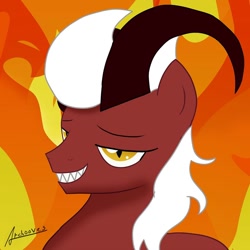 Size: 1024x1024 | Tagged: safe, artist:archooves, oc, oc only, oc:bakki, demon, oni, pony, fangs, fire, horns, male, smiling, solo, stallion