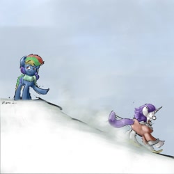 Size: 2000x2000 | Tagged: safe, artist:rigbyh00ves, rainbow dash, rarity, pegasus, pony, unicorn, g4, atg 2020, clothes, coat, duo, female, high res, looking away, mare, newbie artist training grounds, outdoors, pushing, rainbow douche, scarf, screaming, smiling, snow, snowboard, varying degrees of amusement, whoops, winter, winter outfit