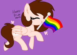 Size: 2154x1532 | Tagged: safe, artist:circuspaparazzi5678, oc, oc only, oc:breanna, pegasus, pony, base used, brown mane, mouth hold, pride, pride flag, pride month, rainbow, rainbow pride, solo