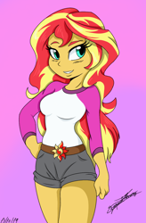Size: 800x1220 | Tagged: safe, artist:ambris, editor:manchestersmash, sunset shimmer, equestria girls, g4, adorasexy, belt, breasts, busty sunset shimmer, camp everfree outfits, clothes, colored, colored background, cute, female, hand on hip, legs, purple background, sexy, shimmerbetes, shorts, signature, simple background, solo, thighs