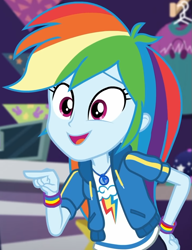 Size: 719x936 | Tagged: safe, screencap, rainbow dash, dashing through the mall, equestria girls, equestria girls series, g4, holidays unwrapped, spoiler:eqg series (season 2), canterlot mall, clothes, cloud, cropped, cute, dashabetes, female, geode of super speed, hand on hip, hoodie, jacket, jewelry, magical geodes, multicolored hair, necklace, pants, pockets, pointing, rainbow, rainbow hair, shirt, short sleeves, smiling, store, t-shirt, talking, thunderbolt, wristband