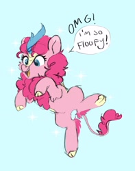 Size: 2561x3246 | Tagged: safe, artist:pucksterv, pinkie pie, kirin, g4, atg 2020, cloven hooves, cute, diapinkes, female, fluffy, high res, horn, jumping, kirin pinkie, kirin-ified, newbie artist training grounds, open mouth, simple background, solo, sparkles, sparkly eyes, species swap, tail, text, wingding eyes