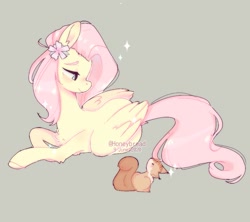 Size: 939x832 | Tagged: safe, artist:yumocloudyy, fluttershy, pegasus, pony, squirrel, g4, chest fluff, duo, elbow fluff, female, flower, flower in hair, folded wings, leg fluff, looking at each other, looking at someone, looking down, mare, profile, prone, simple background, smiling, solo, sparkles, turned head, wings