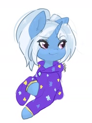Size: 1154x1536 | Tagged: safe, artist:siripim111, trixie, pony, unicorn, g4, alternate hairstyle, babysitter trixie, bust, clothes, cute, diatrixes, female, gameloft interpretation, hoodie, mare, pigtails, simple background, solo, white background