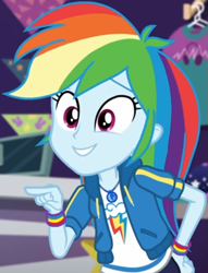 Size: 717x939 | Tagged: safe, screencap, rainbow dash, dashing through the mall, equestria girls, equestria girls specials, g4, my little pony equestria girls: better together, my little pony equestria girls: holidays unwrapped, canterlot mall, clothes, cloud, cropped, cute, dashabetes, female, geode of super speed, hand on hip, hoodie, jacket, jewelry, magical geodes, multicolored hair, necklace, pants, pockets, pointing, rainbow, rainbow hair, shirt, short sleeves, smiling, store, t-shirt, talking, thunderbolt, wristband