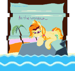 Size: 1264x1196 | Tagged: safe, artist:dinexistente, oc, oc:safe haven, pony, animated, aseprite, beach, dream, looking down, loop, pixel art, rock, solo, text, water