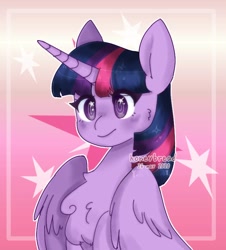 Size: 694x768 | Tagged: safe, artist:yumocloudyy, twilight sparkle, alicorn, pony, g4, bust, cheek fluff, chest fluff, cute, cutie mark background, female, looking at you, mare, portrait, smiling, solo, starry eyes, three quarter view, twiabetes, twilight sparkle (alicorn), wingding eyes, wings