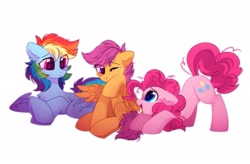 Size: 2467x1621 | Tagged: safe, artist:mirtash, pinkie pie, rainbow dash, scootaloo, earth pony, pegasus, pony, g4, crying, cute, ear fluff, eye clipping through hair, female, filly, foal, mare, one eye closed, prone, scootalove, simple background, sitting, tears of joy, trio, white background, wings
