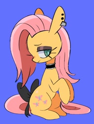 Size: 948x1248 | Tagged: safe, artist:10uhh, fluttershy, pony, g4, blue background, bow, choker, chokershy, colored pupils, cute, ear piercing, earring, eyeshadows, female, fluttergoth, goth, jewelry, mare, piercing, profile, shyabetes, simple background, sitting, solo, tail bow, wingless