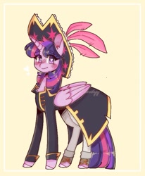 Size: 615x747 | Tagged: safe, artist:yumocloudyy, twilight sparkle, alicorn, pony, g4, my little pony: the movie, blushing, captain, captain twilight, chest fluff, clothes, feathered hat, female, folded wings, hat, heart, heart eyes, looking at you, mare, pirate costume, pirate hat, pirate outfit, pirate twilight, solo, spats, standing, three quarter view, twilight sparkle (alicorn), uniform, wingding eyes, wings