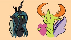 Size: 3840x2160 | Tagged: safe, artist:sadtrooper, queen chrysalis, thorax, changedling, changeling, changeling queen, g4, season 6, to where and back again, bust, cute, cutealis, female, heart, high res, king thorax, orange background, simple background, thorabetes