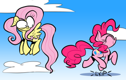 Size: 2640x1680 | Tagged: safe, artist:joeywaggoner, fluttershy, pinkie pie, earth pony, pegasus, pony, g4, cartoon physics, cloud, disbelief, duo, duo female, eyes closed, female, flying, high res, in which pinkie pie forgets how to gravity, mare, meme, mismatched eyes, pinkie being pinkie, pinkie physics, profile, shadow, skipping, sky, spread wings, triggered, walking on air, wings
