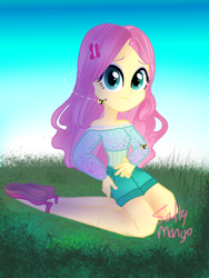 Size: 1536x2048 | Tagged: safe, artist:saltymango, fluttershy, bumblebee, equestria girls, g4, alternate clothes, alternate hairstyle, clothes, concerned, cute, female, looking at you, shorts, shyabetes, solo