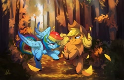 Size: 4096x2650 | Tagged: safe, artist:anticular, applejack, rainbow dash, earth pony, pegasus, pony, g4, autumn, chest fluff, duo, female, forest, high res, leaves, lesbian, looking at each other, mare, scenery, ship:appledash, shipping, smiling, unshorn fetlocks