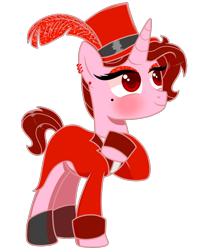 Size: 826x1000 | Tagged: safe, artist:kb-gamerartist, oc, oc only, oc:glitzen glam, pony, unicorn, beauty mark, blushing, boots, clothes, coat, ear piercing, earring, eyeshadow, feather, hat, jewelry, makeup, piercing, raised hoof, shoes, simple background, solo, top hat, trans male, transgender, transparent background