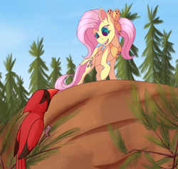 Size: 1764x1672 | Tagged: safe, artist:tigerett, fluttershy, bird, pegasus, pony, g4, atg 2020, bow, female, forest, hair bow, hiking, looking at each other, looking at someone, looking down, mare, mountain, neckerchief, newbie artist training grounds, open mouth, outdoors, raised hoof, smiling, solo, spread wings, standing, tree, wings