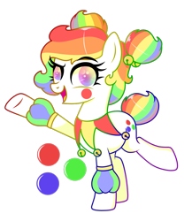 Size: 909x1047 | Tagged: safe, artist:kb-gamerartist, oc, oc only, oc:giggle grin, earth pony, pony, clown, female, makeup, mare, markings, multicolored hair, open mouth, rainbow hair, raised hoof, raised leg, simple background, solo, transparent background