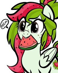 Size: 1536x1928 | Tagged: safe, artist:sjart117, oc, oc only, oc:watermelana, pegasus, pony, female, food, freckles, fruit, herbivore, mare, melon, mouth hold, one word, silly, simple background, smiling, solo, speech, talking, teeth, transparent background, watermelon