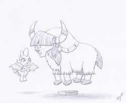 Size: 2660x2170 | Tagged: safe, artist:xeviousgreenii, spike, twilight sparkle, dragon, yak, g4, atg 2020, book, cloven hooves, female, high res, male, monochrome, newbie artist training grounds, pencil drawing, simple background, species swap, traditional art, trampling, twilight yakle, white background, winged spike, wings, yak smash, yakified