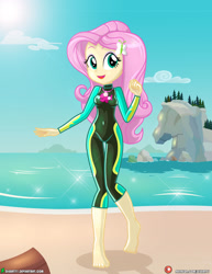 Size: 1500x1942 | Tagged: safe, alternate version, artist:dieart77, fluttershy, equestria girls, g4, barefoot, beach, bikini, clothes, cute, feet, female, fluttershy's wetsuit, sexy, shyabetes, solo, swimsuit, wetsuit