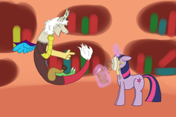 Size: 1864x1236 | Tagged: safe, artist:dzamie, discord, twilight sparkle, draconequus, pony, unicorn, book, colored, eris, female, food, golden oaks library, laughing, newbie artist training grounds, pie, pie in the face, pied, prank, rule 63, unicorn twilight
