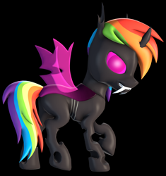 Size: 1276x1356 | Tagged: safe, artist:melodismol, rainbow dash, changeling, g4, 3d, artist training grounds 2020, atg 2020, changelingified, dashling, female, looking at you, newbie artist training grounds, purple changeling, revamped ponies, simple background, solo, source filmmaker, species swap
