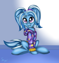 Size: 5200x5500 | Tagged: safe, artist:stablespace, trixie, pony, unicorn, g4, absurd resolution, alternate hairstyle, babysitter trixie, clothes, female, hoodie, pigtails, sitting, smiling, solo
