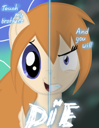 Size: 600x773 | Tagged: safe, artist:askponybrandenburg, pegasus, pony, two sided posters, angry, brandenburg, bust, female, frown, hetalia, mare, ponified, smiling, solo, split screen, text