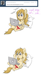 Size: 700x1300 | Tagged: safe, artist:askponybrandenburg, pegasus, pony, :o, ask, brandenburg, computer, female, hetalia, laptop computer, mare, open mouth, pillow, ponified, sitting, tumblr