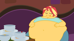 Size: 2560x1440 | Tagged: safe, artist:neongothic, artist:skye lily, edit, edited edit, sunset shimmer, equestria girls, g4, bbw, belly button, fat, female, full, huge belly, morbidly obese, obese, slobset shimmer, solo, stuffed