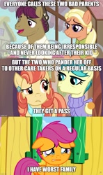 Size: 888x1497 | Tagged: safe, edit, edited screencap, screencap, aunt holiday, auntie lofty, mane allgood, scootaloo, snap shutter, g4, the last crusade, crying, op has a point, op is a duck, op is trying to start shit, text