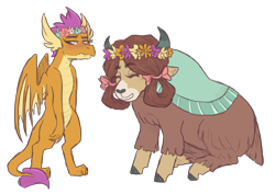 Size: 2400x1700 | Tagged: safe, artist:monnarcha, smolder, yona, dragon, yak, g4, blushing, bow, cloven hooves, commission, cute, eyes closed, female, floral head wreath, flower, hair bow, lesbian, lidded eyes, monkey swings, ship:yonder, shipping, simple background, sitting, smiling, smolder is not amused, smolderbetes, transparent background, unamused, varying degrees of amusement, varying degrees of want, yonadorable