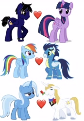 Size: 2131x3072 | Tagged: safe, artist:makerboy10, prince blueblood, rainbow dash, soarin', trixie, twilight sparkle, oc, alicorn, pony, g4, canon x oc, female, high res, male, ship:bluetrix, ship:soarindash, shipping, shipping domino, simple background, straight, twilight sparkle (alicorn), white background