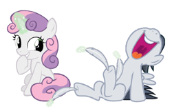 Size: 1080x696 | Tagged: safe, artist:princessdestiny200i, rumble, sweetie belle, pegasus, pony, unicorn, g4, colt, cute, diasweetes, feather, female, filly, glowing horn, grin, hoof tickling, horn, laughing, levitation, magic, male, open mouth, raised hoof, raised leg, rumblebetes, ship:rumbelle, shipping, simple background, smiling, straight, sweetie belle's magic brings a great big smile, telekinesis, tickling, volumetric mouth, white background