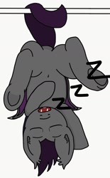 Size: 1069x1722 | Tagged: safe, artist:lostbrony, oc, oc only, oc:specter, bat pony, pony, belly button, cute, fangs, male, prehensile tail, simple background, sleeping, solo, stallion, upside down, white background