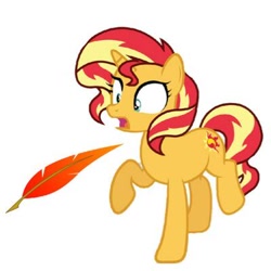 Size: 400x400 | Tagged: safe, artist:princessdestiny200i, sunset shimmer, pony, unicorn, g4, cute, feather, female, mare, open mouth, raised hoof, raised leg, shimmerbetes, shocked, simple background, solo, this will end in tickles, tickling, white background