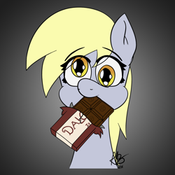 Size: 1500x1500 | Tagged: safe, alternate character, alternate version, artist:mranthony2, derpy hooves, pegasus, pony, g4, bust, chocolate, chocolate bar, cute, dalokohs bar, female, food, looking at you, mare, mouth hold, portrait, simple background, solo, team fortress 2