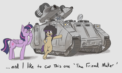 Size: 1680x1015 | Tagged: safe, artist:t72b, derpibooru exclusive, twilight sparkle, oc, oc:tenk pone, alicorn, earth pony, pony, g4, atg 2020, bipedal, bipedal leaning, female, hat, helmet, leaning, mare, newbie artist training grounds, simple background, tank (vehicle), thinking, twilight sparkle (alicorn), warhammer (game), warhammer 30k, warhammer 40k