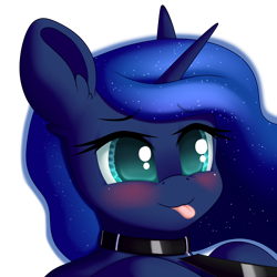 Size: 3000x3000 | Tagged: safe, artist:xcinnamon-twistx, princess luna, alicorn, pony, g4, :3, :p, blushing, collar, cute, female, femsub, fetish, flowing mane, high res, leash, leather collar, lunabetes, lunasub, patreon link, pet play, simple background, solo, submission, submissive, tongue out, transparent background, wide eyes