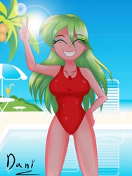 Size: 2121x2823 | Tagged: safe, artist:danielitamlp, lemon zest, equestria girls, g4, baywatch, breasts, busty lemon zest, clothes, eyes closed, female, grin, high res, one-piece swimsuit, peace sign, red swimsuit, smiling, solo, stupid sexy lemon zest, swimsuit, underass, whistle, whistle necklace