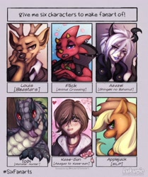 Size: 1230x1470 | Tagged: safe, artist:kuro-the-panther, applejack, chameleon, deer, earth pony, human, lizard, pony, anthro, g4, animal crossing, anthro with ponies, antlers, asagao to kase-san, beastars, blushing, bust, clothes, crossover, female, flick, forked tongue, hat, louis (beastars), male, mare, monster hunter, necktie, net, one eye closed, rage of bahamut, six fanarts, tobi, wink