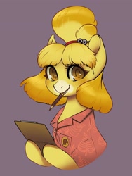 Size: 2963x3945 | Tagged: safe, artist:taytinabelle, earth pony, pony, animal crossing, animal crossing: new horizons, bow, clipboard, clothes, coat markings, crossover, cute, facial markings, female, hair bow, happy, high res, isabelle, looking at you, mare, mouth hold, pencil, ponified, shirt, simple background, smiling, smiling at you, snip (coat marking), solo