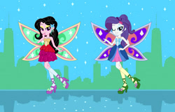 Size: 1176x753 | Tagged: safe, artist:karalovely, artist:selenaede, rarity, oc, oc:kara lovely, fairy, human, equestria girls, g4, alternate hairstyle, barbie, barbie: a fairy secret, bare shoulders, barely eqg related, base used, clothes, crossover, dress, fairies, fairies are magic, fairy wings, fairyized, hairpin, hairstyle, high heels, jewelry, necklace, shoes, sleeveless, socks, stockings, strapless, thigh highs, wings