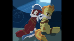 Size: 1280x720 | Tagged: safe, artist:radiantrealm, artist:sonicrock56, spitfire, oc, oc:thunderstreak, pegasus, pony, g4, animated, bondage, bound and gagged, cloth gag, female, floppy ears, gag, kidnapped, looking at you, mare, muffled words, over the nose gag, rope, rope bondage, rule 63, sound, struggling, tied up, webm, wiggling