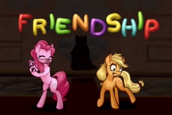 Size: 1280x854 | Tagged: safe, artist:zetamad, applejack, pinkie pie, earth pony, pony, g4, atg 2020, bipedal, derp, eyes closed, friendship, mask, merchandise, mortal kombat, newbie artist training grounds, tongue out, wavy mouth
