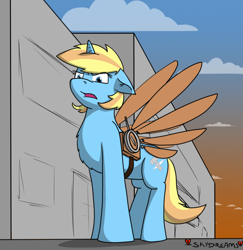 Size: 748x770 | Tagged: safe, artist:skydreams, oc, oc only, oc:skydreams, pony, unicorn, artificial wings, augmented, building, cloud, disgusted, female, glare, looking at you, mare, solo, sunset, wings