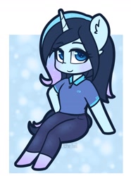Size: 1068x1438 | Tagged: safe, artist:puetsua, oc, oc only, oc:stardust stellar, unicorn, anthro, unguligrade anthro, chibi, clothes, ear fluff, female, looking at you, mare, pants, polo shirt, sitting, smiling, solo