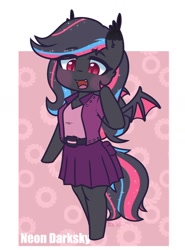 Size: 1174x1583 | Tagged: safe, artist:puetsua, oc, oc only, oc:neon darksky, bat pony, anthro, unguligrade anthro, bat pony oc, bat wings, blushing, chibi, clothes, cute, cute little fangs, fangs, female, jacket, lidded eyes, looking down, mare, open mouth, skirt, smiling, solo, wings